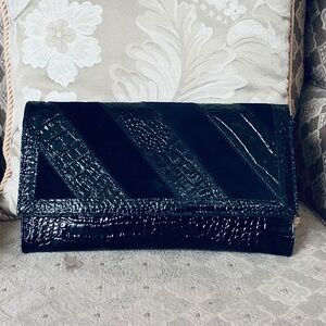 Vintage Black Patchwork Mixed Media Exotic Italian Leather Envelope Clutch